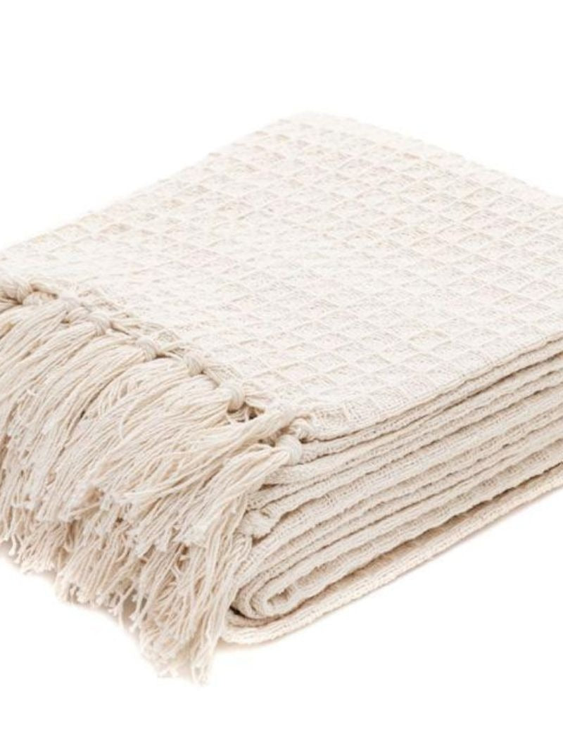 CozyWeave™ Oatmilk WaffleKnit Tassel Throw Blanket