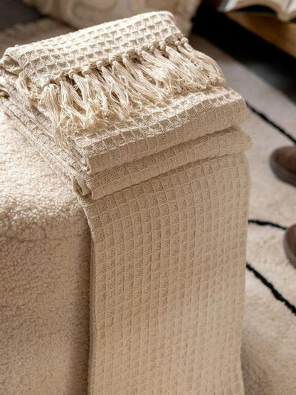 CozyWeave™ Oatmilk WaffleKnit Tassel Throw Blanket