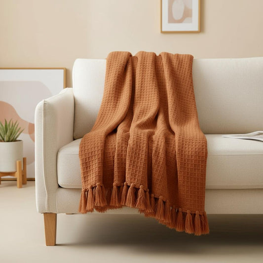 CozyWeave™ Rust WaffleKnit Tassel Throw Blanket
